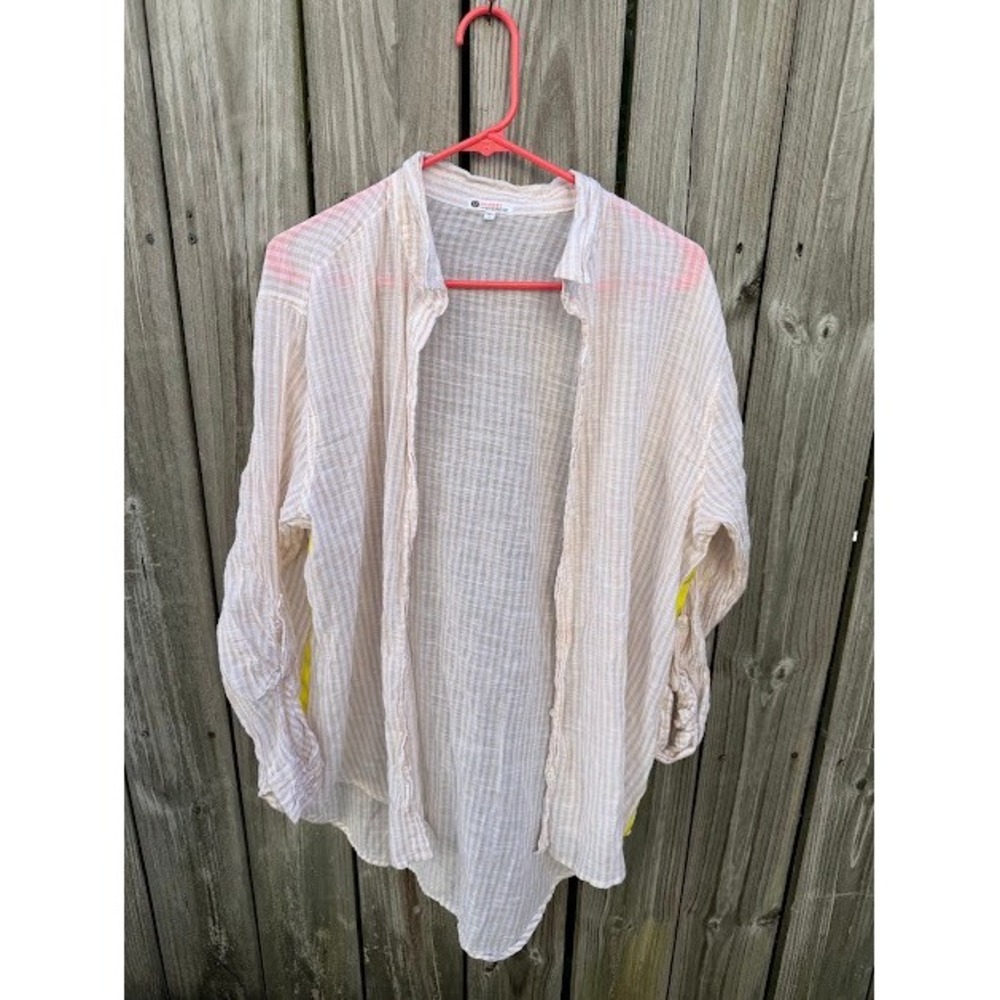 Coastal Boho Sundry for Evereve Button Down Shirt 4 Tan White Neon Stripe
